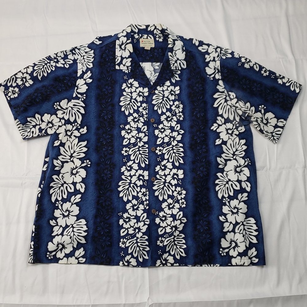 Royal Hawaiian Creations Men’s Navy Blue & White Hawaiian Short Sleeve Shirt 3XL
